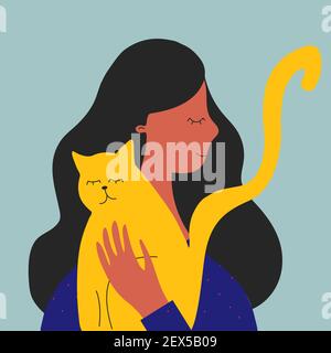 Une femme heureuse embrassant un chat. Illustration vectorielle plate de soins pour animaux, chats et amour. Illustration de Vecteur