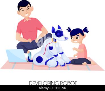 Intelligence artificielle pour le développement de l'enfant petite fille pendant la communication avec illustration du vecteur de chien robot sur fond blanc Illustration de Vecteur