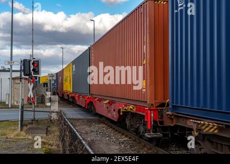 Les conteneurs arrivent en train au terminal intermodal de Logport, dit, Duisburg, qui fait partie de la nouvelle route de la soie, de la Chine à Duisburg-Rheinhausen, NRW, Germ Banque D'Images