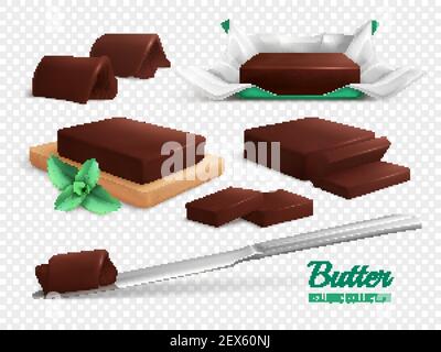 Tranches de petits pains et bâtonnets de délicieux beurre de chocolat réaliste ensemble isolé sur une illustration vectorielle d'arrière-plan transparente Illustration de Vecteur