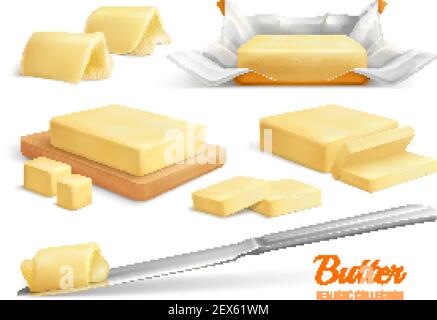 Ensemble réaliste de tranches de beurre bâtonnets et rouleaux isolés illustration vectorielle sur fond blanc Illustration de Vecteur