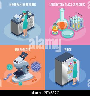 Jeu de quatre icônes de microbiologie isométriques carrées avec distributeur de membrane de laboratoire capacités en verre microscope et réfrigérateur descriptions illustration vectorielle Illustration de Vecteur