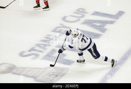 Tampa Bay Lightning defenseman Victor Hedman (77, right) celebrates with  teammates, including right wing Taylor Raddysh (16) and left wing Ross  Colton (79) after scoring against the New Jersey Devils during the