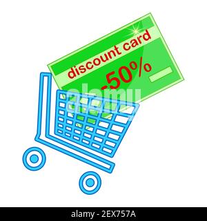 Carte de réduction dans le panier isolé sur blanc. Panier. Chariot et carte de crédit. Affiche de livraison à domicile des marchandises. Programme de fidélité. Vecteur Illustration de Vecteur