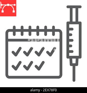 Icône de la ligne de vaccination saisonnière, vaccin et injection, seringue avec icône de vecteur de calendrier, graphiques de vecteur, signe de contour modifiable de contour, eps 10. Illustration de Vecteur