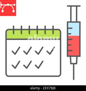 Icône de la ligne de couleur de vaccination saisonnière, vaccin et injection, seringue avec icône de vecteur de calendrier, graphiques vectoriels, signe de contour rempli de contour modifiable Illustration de Vecteur