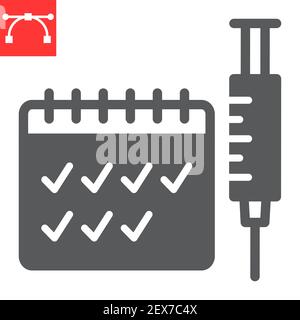 Icône de glyphe de vaccination saisonnière, vaccin et injection, seringue avec icône de vecteur de calendrier, graphiques de vecteur, signe solide d'AVC modifiable, eps 10. Illustration de Vecteur