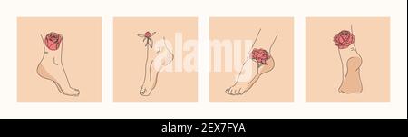 Pieds femelles élégants avec fleurs. Jambes et talons humains. Illustration vectorielle tendance dans un style minimaliste. Plantes et fleurs rose ligne. Illustration de Vecteur