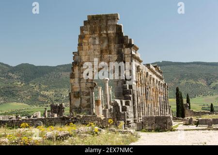 Maroc, Meknes, Volubilis, ruines romaines vers 3 avant JC à AD 40, la basilique. Une des villes les plus importantes de Tingitana. Banque D'Images