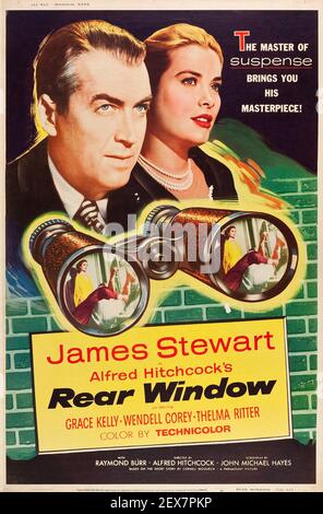 Alfred Hitchcock affiche de film pour la lunette arrière avec James Stewart et Grace Kelly. Aussi exploit. Wendell Corey et Thelma Ritter. Banque D'Images