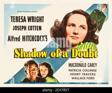 Ombre d'un doute. Affiche de film Alfred Hitchcock. Exploit. Teresa Wright et Joseph Cotten. Banque D'Images