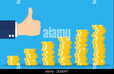 Pile de pièces d'or et la main avec pouce geste vers le haut Illustration de Vecteur