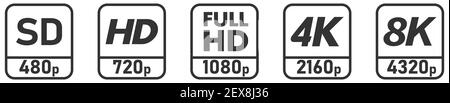 Vidéo simple / résolution de l'écran icônes définies, lettres noires avec le chiffre ci-dessous Illustration de Vecteur
