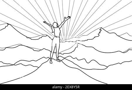 Dessin artistique de la ligne de la femme randonneur réussie Profitez de la vue avec les bras ouverts sur le bord de falaise en haut de la montagne et le soleil fond. Illustration de Vecteur