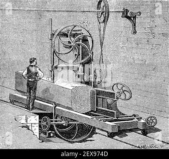 Scierie, menuiserie, groupe SAW de l'année 1880 / Sägewerk, Holzbearbeitung, Bandsäge aus dem Jahre 1880, Historisch, historique, numérique reproduction améliorée d'un original du 19ème siècle / digitale Reproduktion einer Originalvorlage aus dem 19. Jahrhundert, Banque D'Images