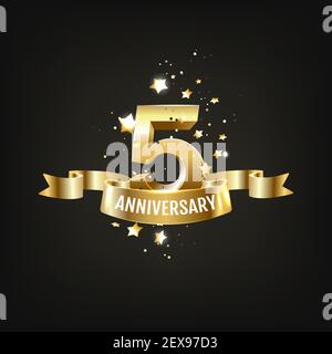 logo du 5e anniversaire d'or avec anneau et ruban. Illustration de Vecteur