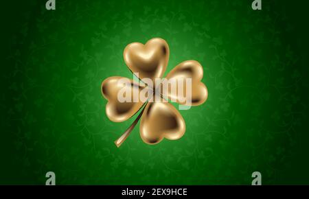 Feuille de trèfle dorée, illustration vectorielle pour le jour de Saint-Patrick. Isolé à quatre feuilles sur fond floral vert. Bijoux conception 3d. Illustration de Vecteur