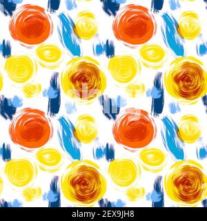 Motif abstrait sans couture avec cercle de couleur jaune, orange et bleue sur blanc Banque D'Images