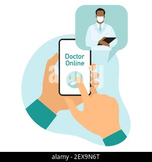 Consultation médecin illustration vectorielle en ligne mains tenir téléphone cellulaire communication médicale en ligne avec le patient. Hôpital virtuel. Support médical. Hé Illustration de Vecteur