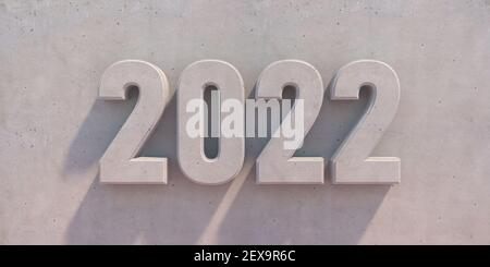 2022 bonne année industrie de la construction. Chiffres matériau en béton et fond de mur en ciment industriel. Accueil du nouvel an de l'ingénieur architecte Banque D'Images
