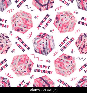 Joyeux anniversaire et boîte cadeau effet 3d fond de motif vectoriel sans couture.toile de fond avec cadeaux confettis, typographie de célébration Illustration de Vecteur