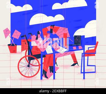 Une personne handicapée assise en fauteuil roulant travaille avec un collègue dans un environnement de bureau. Inclusion et intégration au travail : un bacille conceptuel Banque D'Images