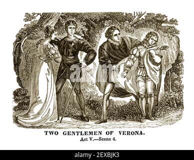 Une gravure de 1834 représentant une scène (Act V Scene 4) de la pièce de William Shakespeare, 'deux Messieurs de Vérone', colorisée numériquement. Banque D'Images