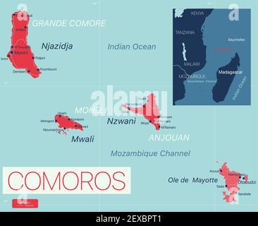 Îles Comores carte détaillée modifiable avec régions villes, routes et chemins de fer, sites géographiques. Fichier vectoriel EPS-10 Illustration de Vecteur