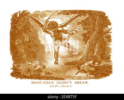 Une gravure de 1834 représentant une scène (Act IV Scene 1) de la pièce de William Shakespeare, « le rêve de la nuit d'été », colorisée numériquement. Banque D'Images