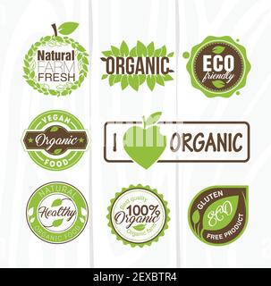 Étiquettes et badges d'aliments biologiques. Élément biologique pour la nourriture et les boissons. Produit biologique, boutique, restaurant, café végétalien, restaurant végétarien, logo Illustration de Vecteur