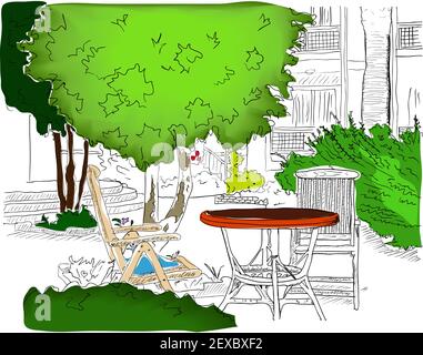 Café dans le jardin. Version couleur partiellement2 Banque D'Images