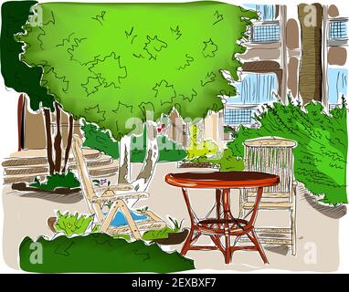 Café dans le jardin. Version couleur complet. Banque D'Images