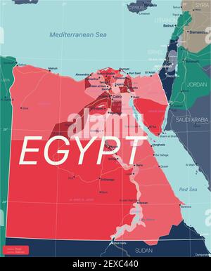 Égypte carte détaillée modifiable avec régions villes, routes et chemins de fer, sites géographiques. Fichier vectoriel EPS-10 Illustration de Vecteur