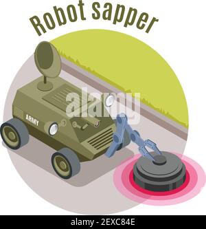 Emblème isométrique de robots militaires avec audessus de robot et vert illustration de vecteur de machine militaire Illustration de Vecteur