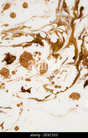 Bronze d'encre et paillettes d'or sur fond blanc. Fond de peinture de marbre avec texture de paillettes de bronze et d'or. Papier peint tendance. Encre colors.inK. Banque D'Images