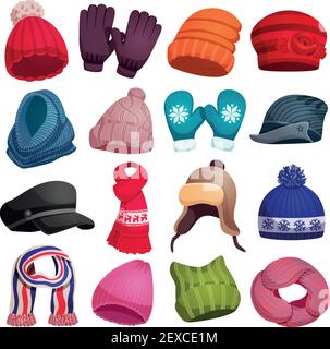 Hiver saison écharpe chapeaux casquettes gants moufles ensemble avec seize images colorées isolées sur une illustration vectorielle d'arrière-plan vierge Illustration de Vecteur