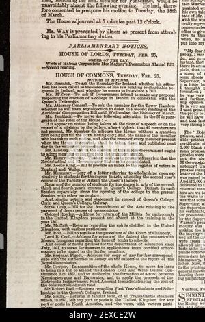 Avis parlementaires avec rapports de la Chambre des Lords et de la Chambre des communes dans une copie originale du journal The Times, mardi 25 février 1862 Banque D'Images