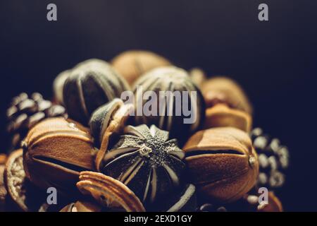 Fruits séchés et coupés composition artistique dans une lumière chaude et sur fond sombre avec espace de copie, oranges, limes et autres agrumes Banque D'Images