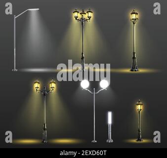 Street Lights composition réaliste avec six styles différents et illustration vectorielle de la lumière provenant des ampoules Illustration de Vecteur