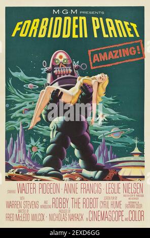 Affiche 1956 - Forbidden Planet, feat Walter Pidgeon, Leslie Nielsen et Anne Francis. Affiche / image de film d'horreur ancienne et vintage. Science-fiction. Banque D'Images