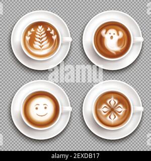 Jeu d'icônes de vue de dessus de latte art coloré avec art in mugs et illustration vectorielle d'arrière-plan transparente Illustration de Vecteur