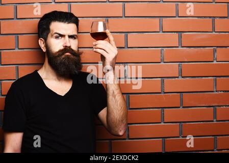 Gars avec verre de cognac. Un homme à la barbe et à la moustache tient une boisson alcoolisée sur un fond de mur de briques. Macho avec le visage sérieux présente brandy ou whisky. Concept de service et de restauration. Banque D'Images