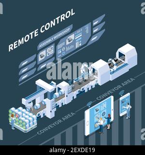 Composition isométrique industrielle intelligente avec commande à distance du système de convoyeur sur une illustration vectorielle d'arrière-plan sombre Illustration de Vecteur