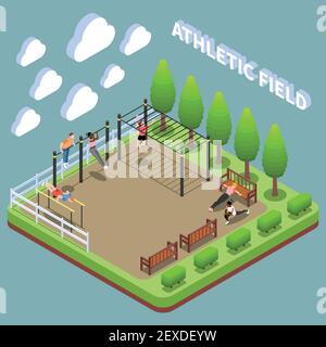 Personnages humains lors d'exercices en plein air sur le terrain de sport composition isométrique sur l'illustration vectorielle d'arrière-plan turquoise Illustration de Vecteur