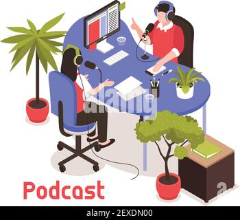 Concept de conception isométrique de podcast avec deux blogueurs enregistrant la bande son dans illustration vectorielle studio Illustration de Vecteur