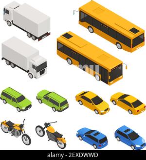 Ensemble de transport urbain de couleur isométrique avec différents cars régie dans l'illustration vectorielle à deux côtés Illustration de Vecteur