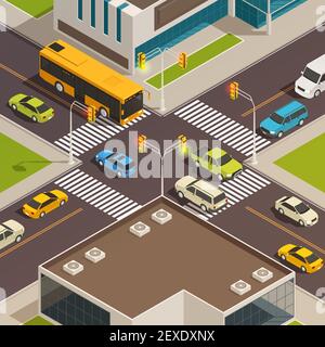 Composition isométrique urbaine colorée et isolée avec route et passages de côté sur l'illustration vectorielle du centre-ville Illustration de Vecteur