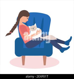 Jeune femme assise sur un fauteuil avec son illustration de vecteur de chat Illustration de Vecteur