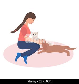 Jeune femme assise sur le tapis avec son vecteur animaux illustration Illustration de Vecteur