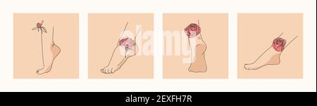 Pieds femelles élégants avec fleurs. Les jambes et les talons humains et les roses et les pivoines qui y sont représentées. Illustration vectorielle tendance dans un style minimaliste Illustration de Vecteur